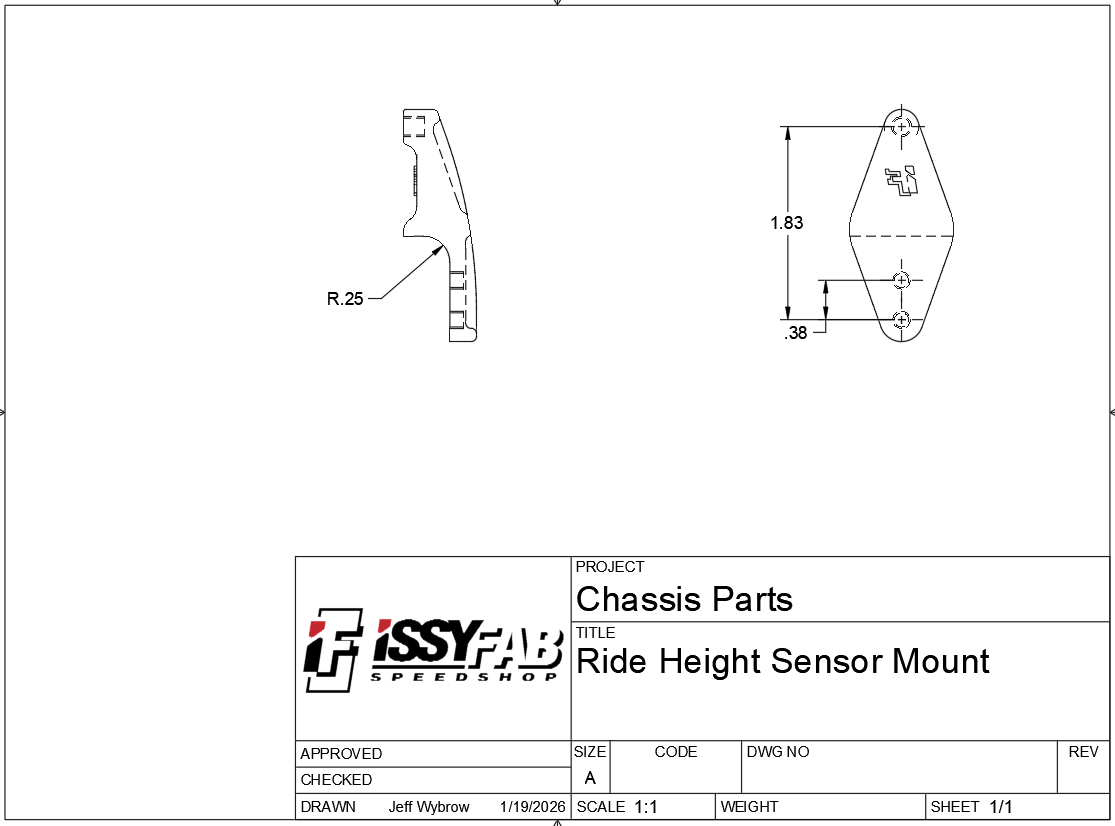 Technical drawing of a chassis parts mount with measurements and IssyFab logo.