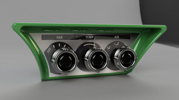 Green and silver vehicle dashboard panel with vintage air conditioning controls on a gray background