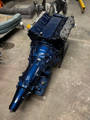 Blue car transmission on a concrete floor with a dog in the background