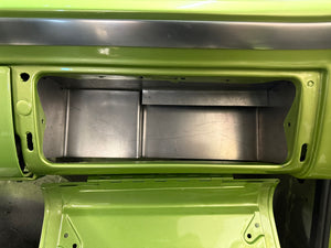 Close-up of a green metal frame with a metallic interior