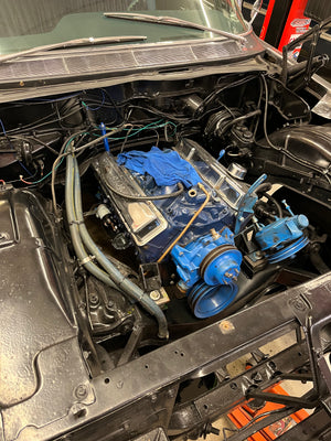 Engine compartment of a vehicle with a blue engine block.