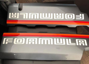 Two metallic plates with 'FORMULA' branding on a wooden surface