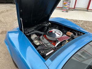 Blue car with open hood revealing a detailed engine, parked outdoors.