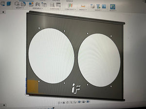 Computer screen displaying a 3D model of a metallic object with two circular features and a brand logo.